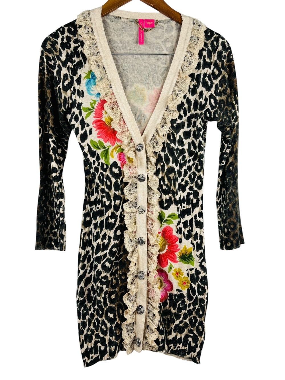 Charlotte Tarantola Eclectic Leopard Floral Lace Design Snap Close Cardigan